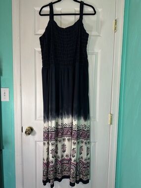 Lane Bryant Black to White Ombre Maxi Dress with Purple Floral Border